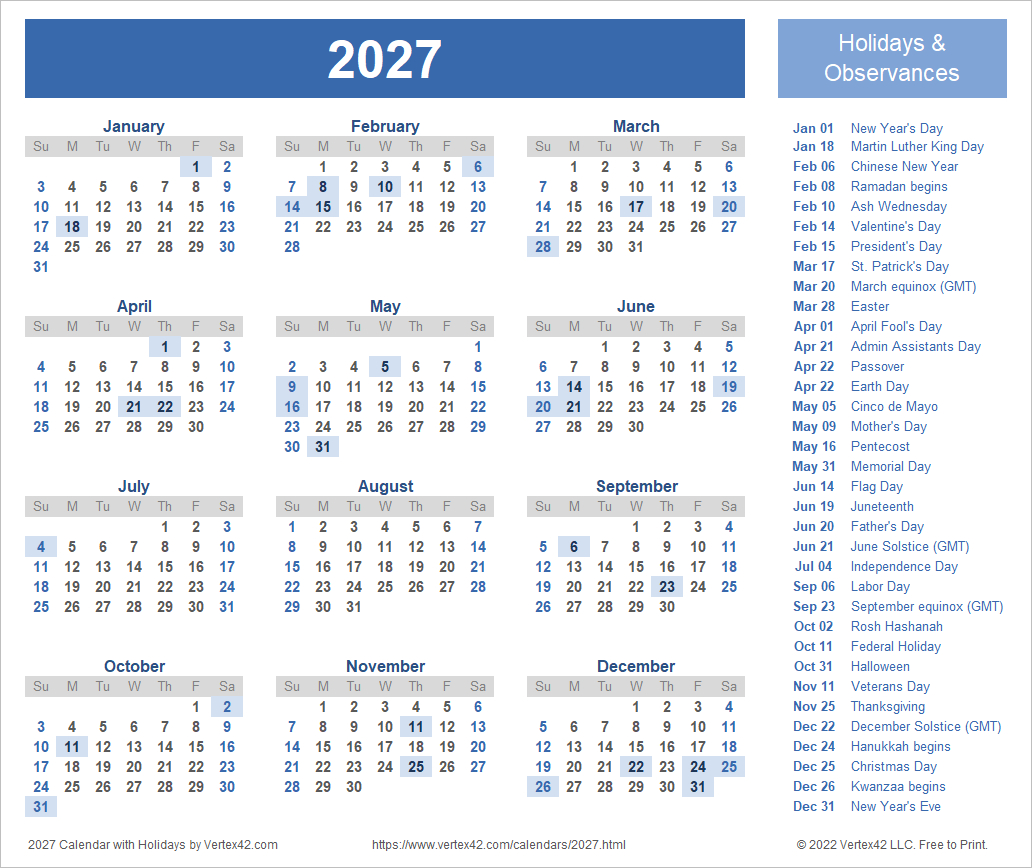 2027 Calendar Templates And Images within 2027 Calendar With Holidays Printable