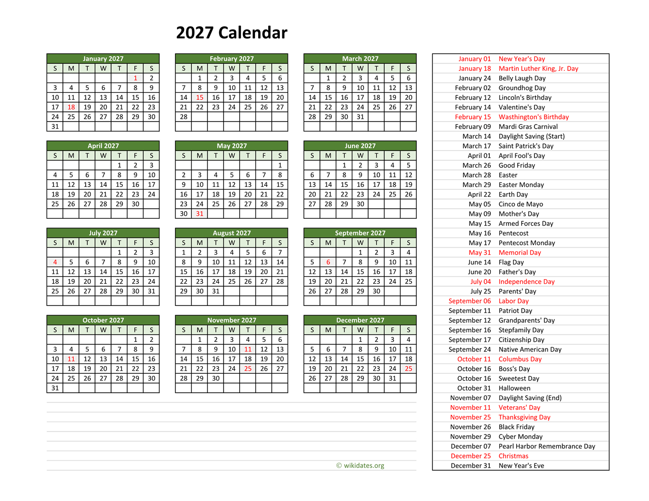 2027 Calendar With Us Holidays | Wikidates for 2027 Calendar With Holidays Printable