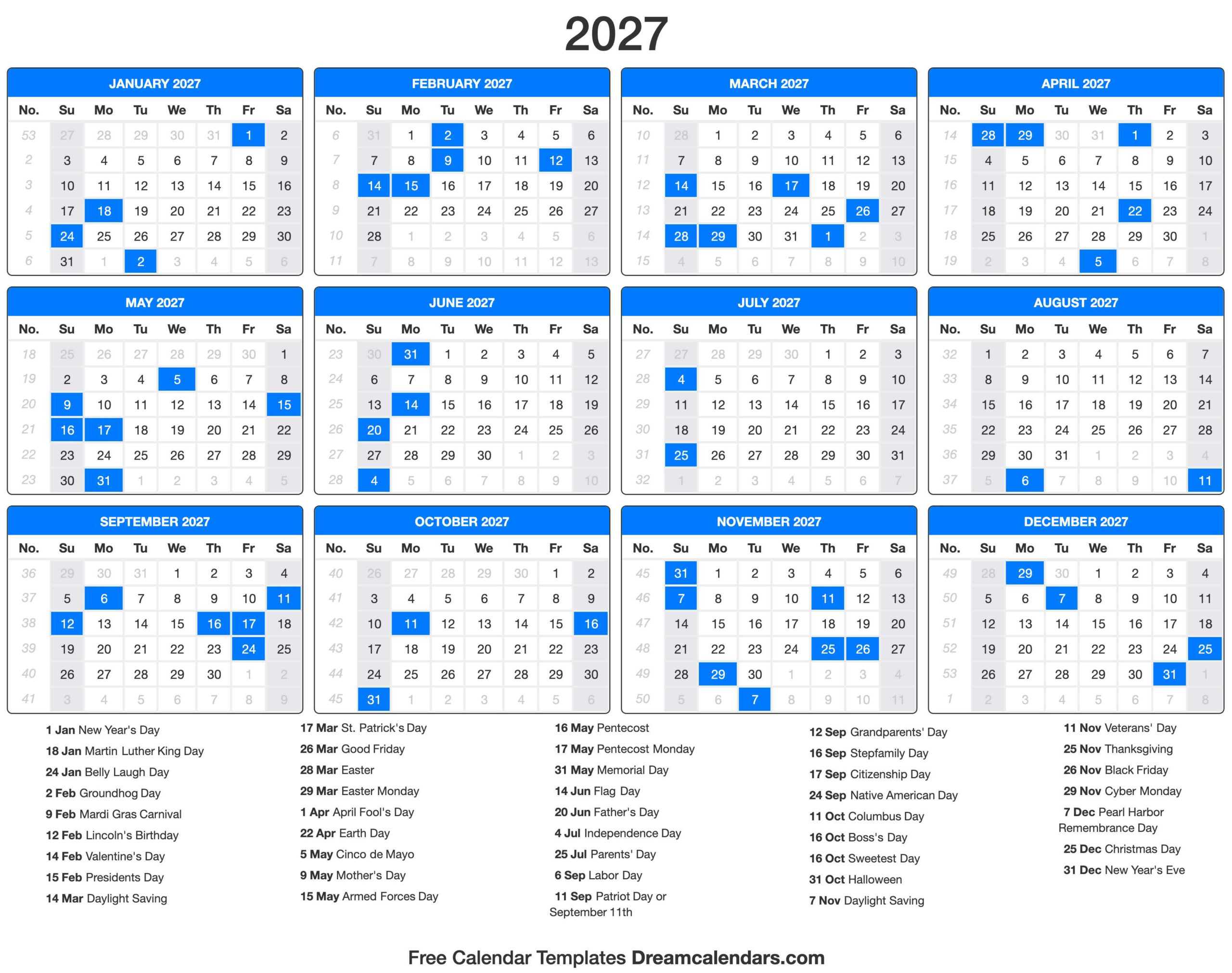 2027 Calendar within 2027 Calendar with Holidays Printable