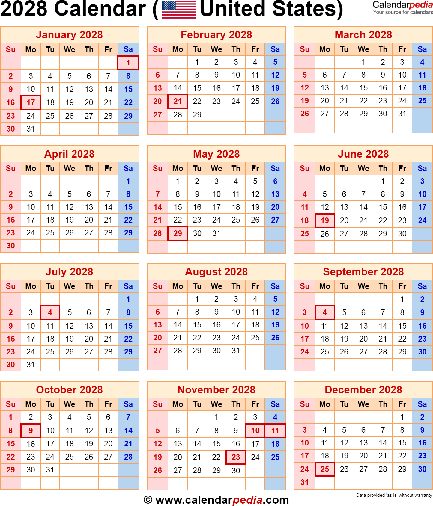 2028 Calendar With Federal Holidays inside 2028 Calendar With Holidays Printable