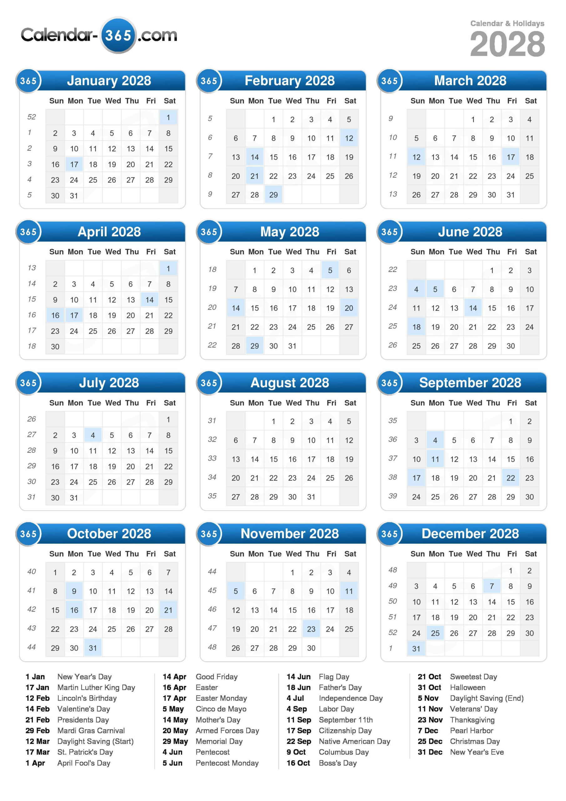 2028 Calendar within 2028 Calendar with Holidays Printable