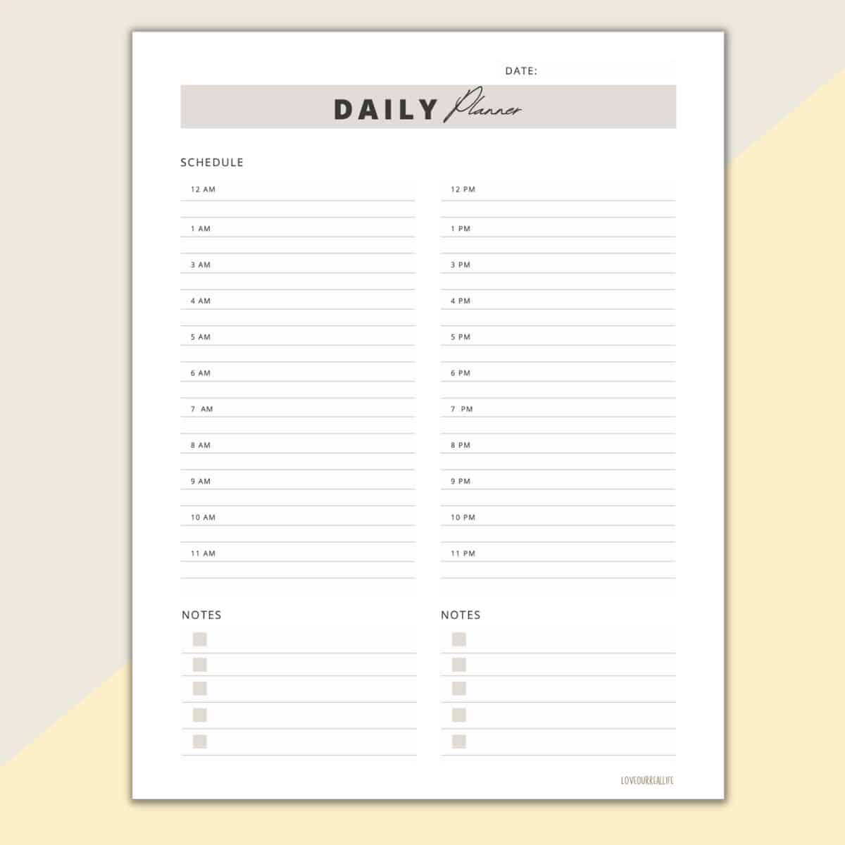 24 Hour Daily Schedule Template - 1 Page Layout (Printable for 24 Hour Calendar Printable