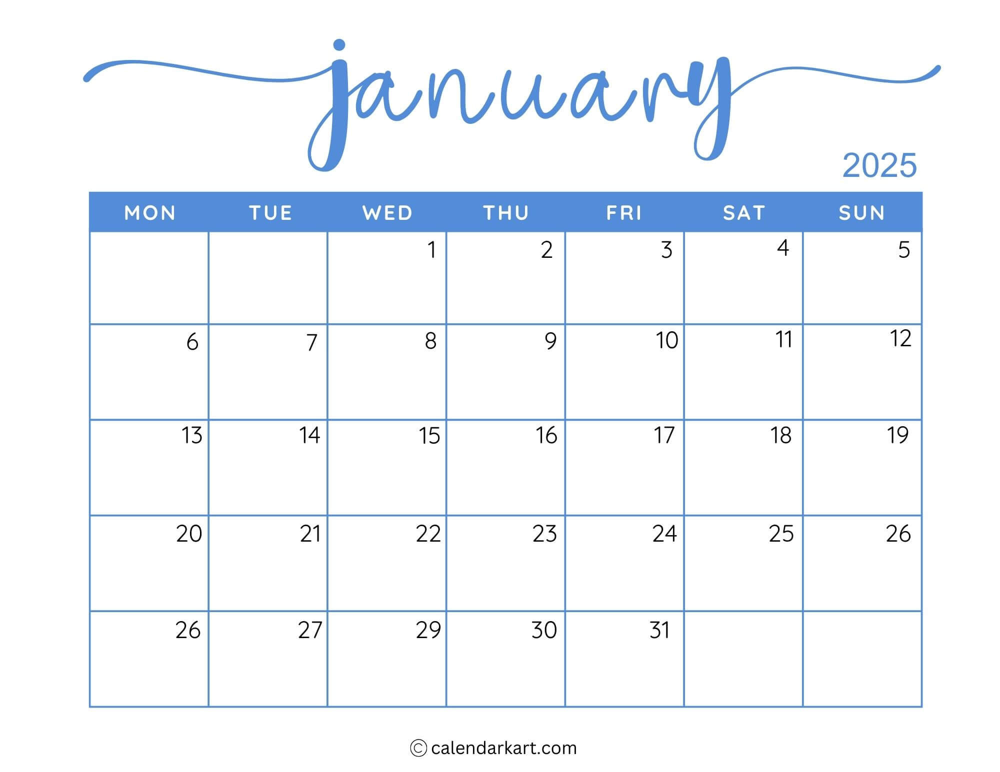 40+ Printable January 2025 Calendars | Free Pdf - Calendarkart in Calendar Printable January 2025