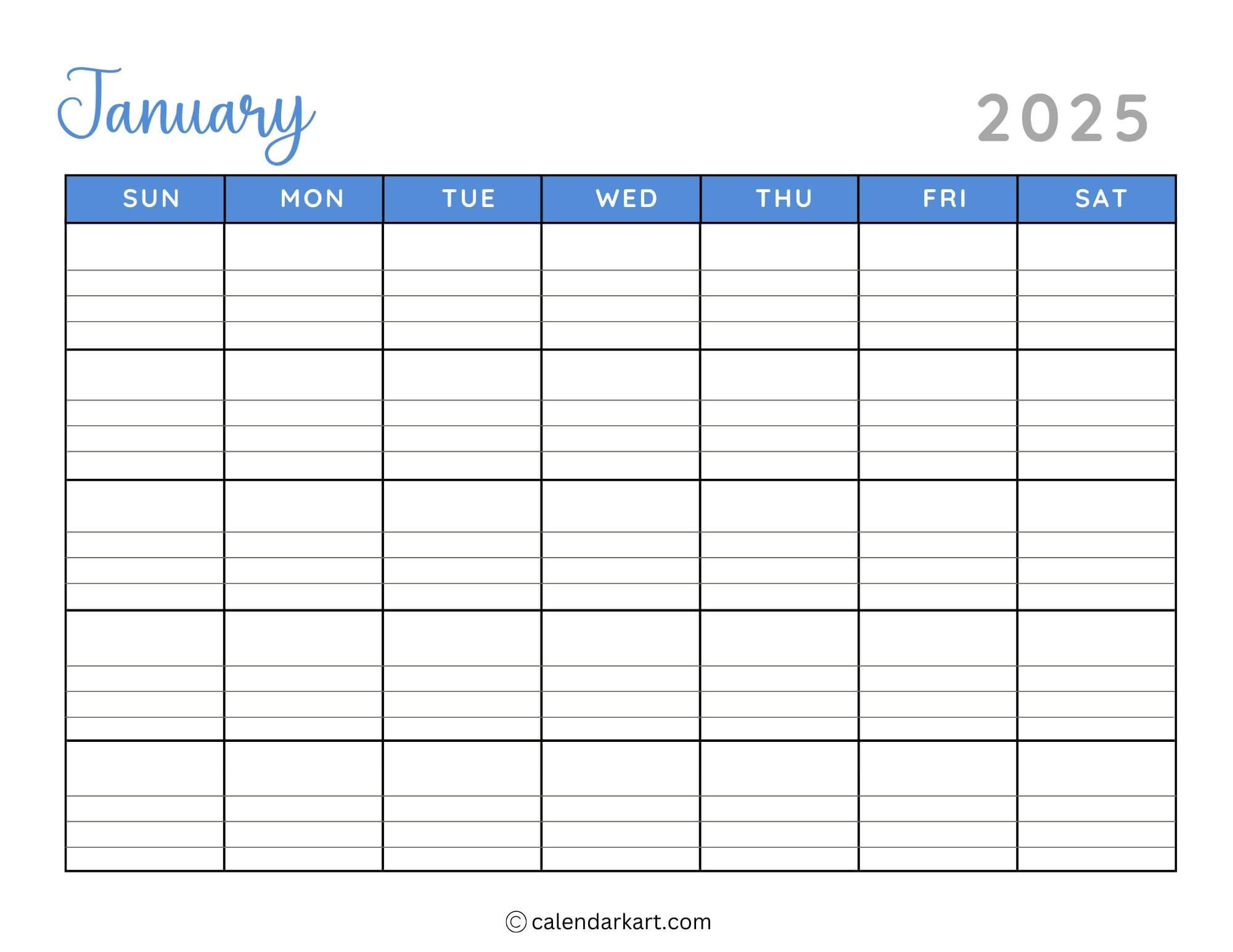 40+ Printable January 2025 Calendars | Free Pdf - Calendarkart within Calendar 2025 Printable With Lines