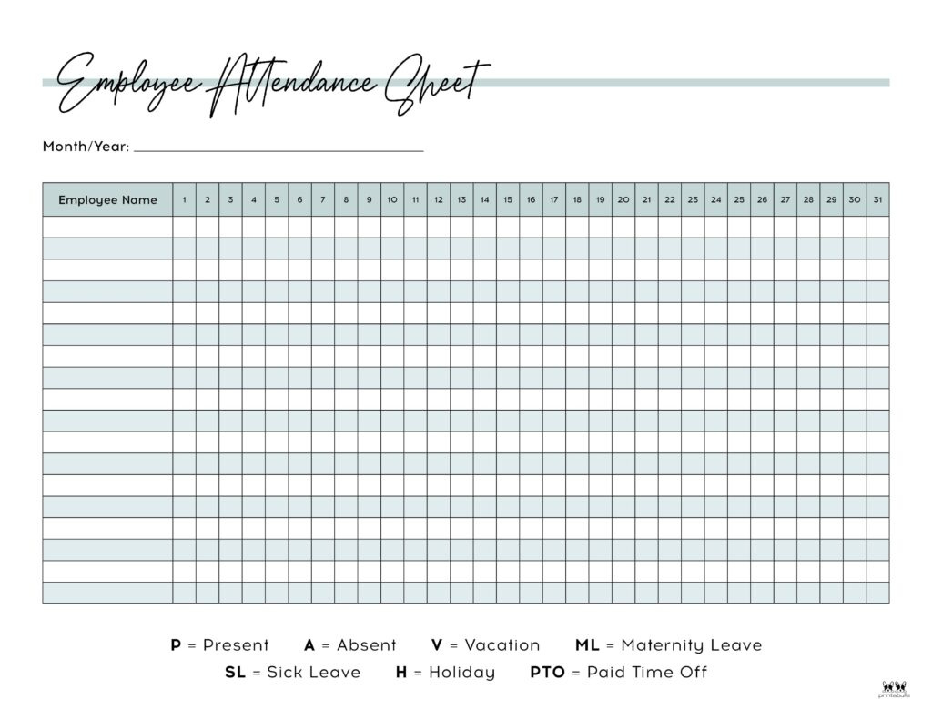 Attendance Sheets - 52 Free Printables | Printabulls in 2025 Employee Attendance Calendar Printable Free