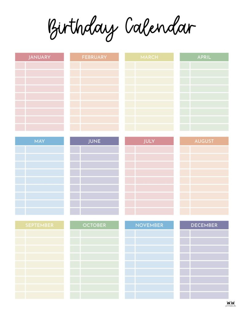 Birthday Calendars &amp;amp; Trackers - 20 Free Printables | Printabulls throughout Free Printable Office Birthday Calendar 2025 Template