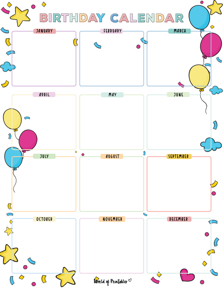 Birthday Calendar 2025 Template Downloadable Free Printable Birthday Chart