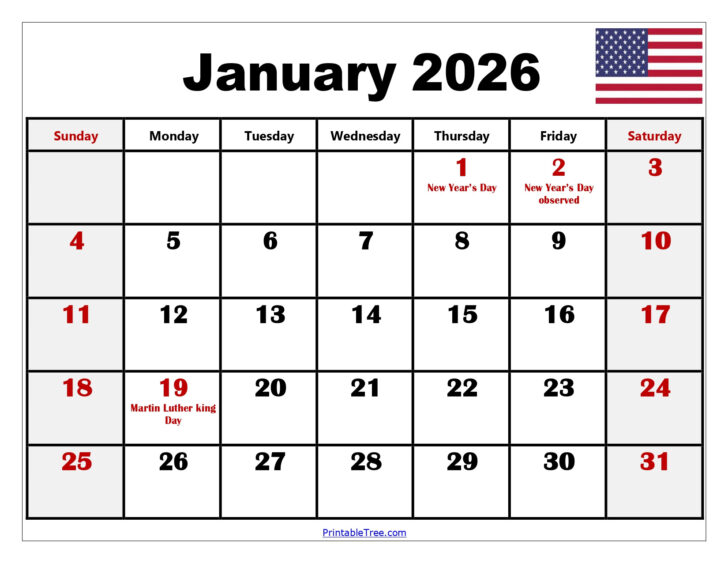 Free Printable January 2026 Calendar