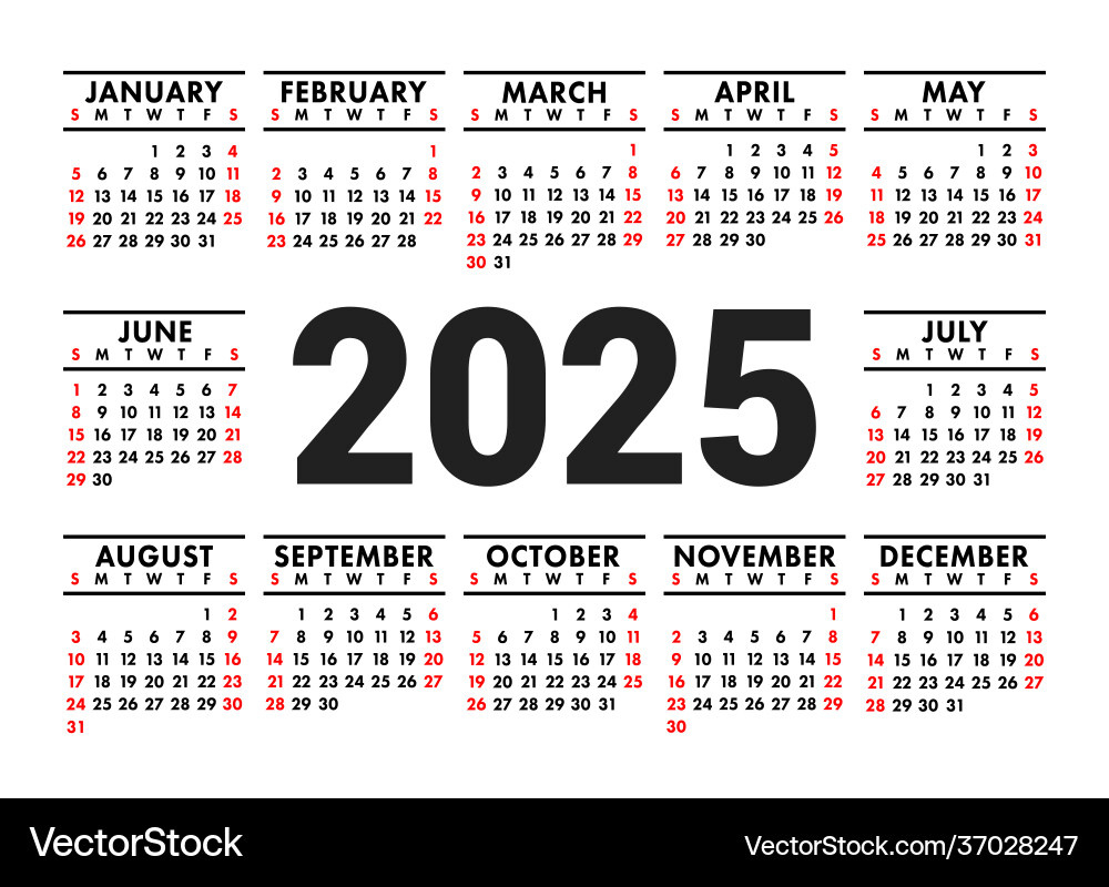 Calendar 2025 English Horizontal Wall Or Pocket Vector Image in Pocket Calendar 2025 Printable