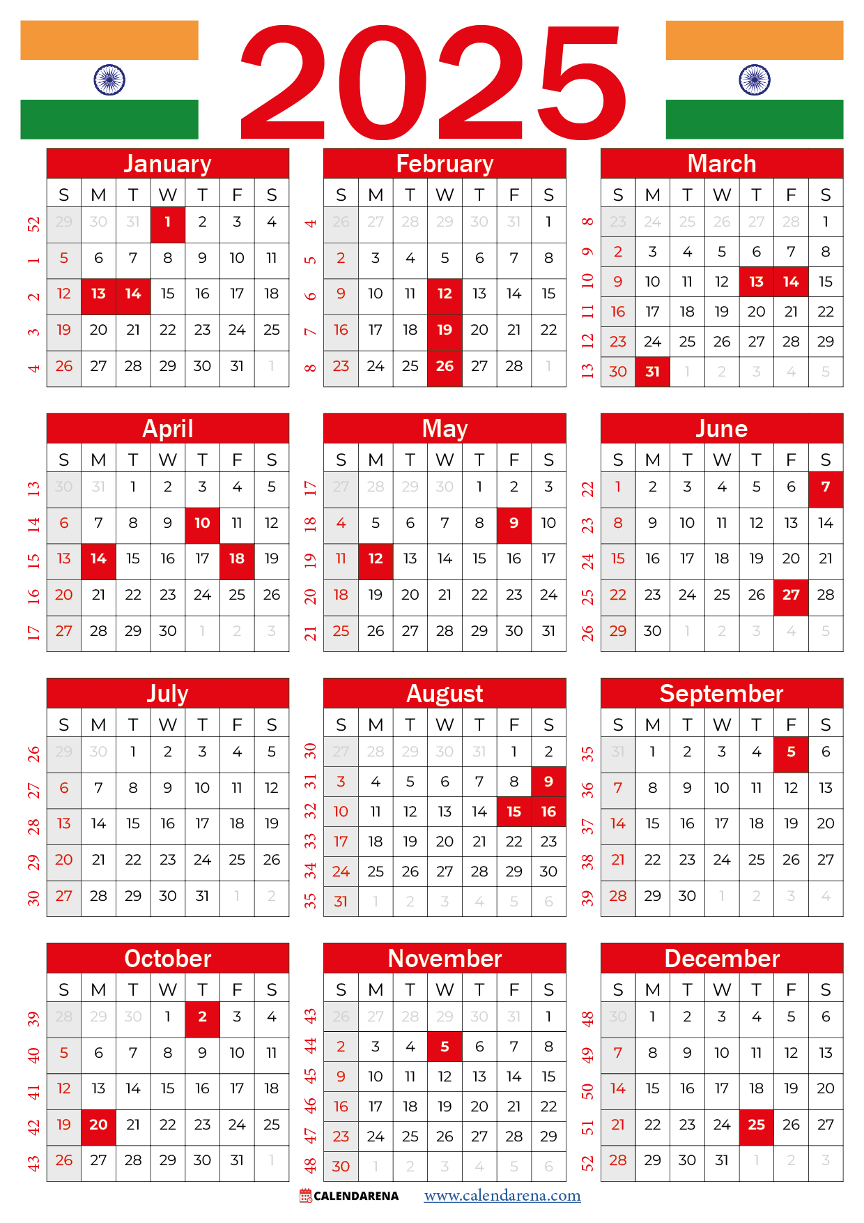 Calendar 2025 India With Holidays And Festivals in 2025 Printable Calendar with Holidays India