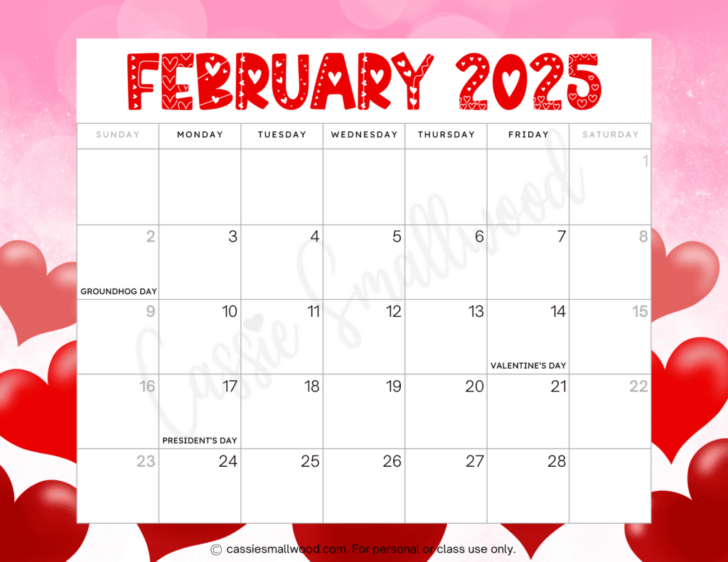 February Month Calendar 2025 Printable