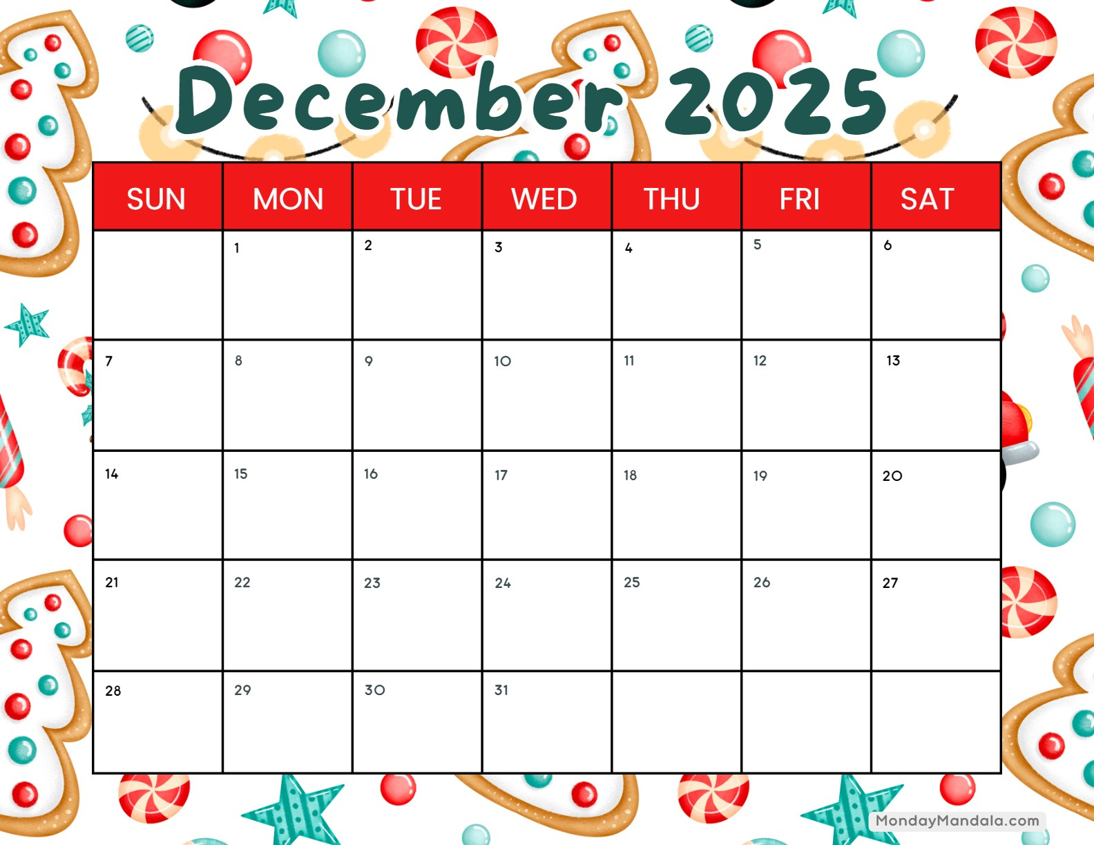 December 2025 Calendar (52 Free Pdf Printables) in Printable Christmas Calendar 2025