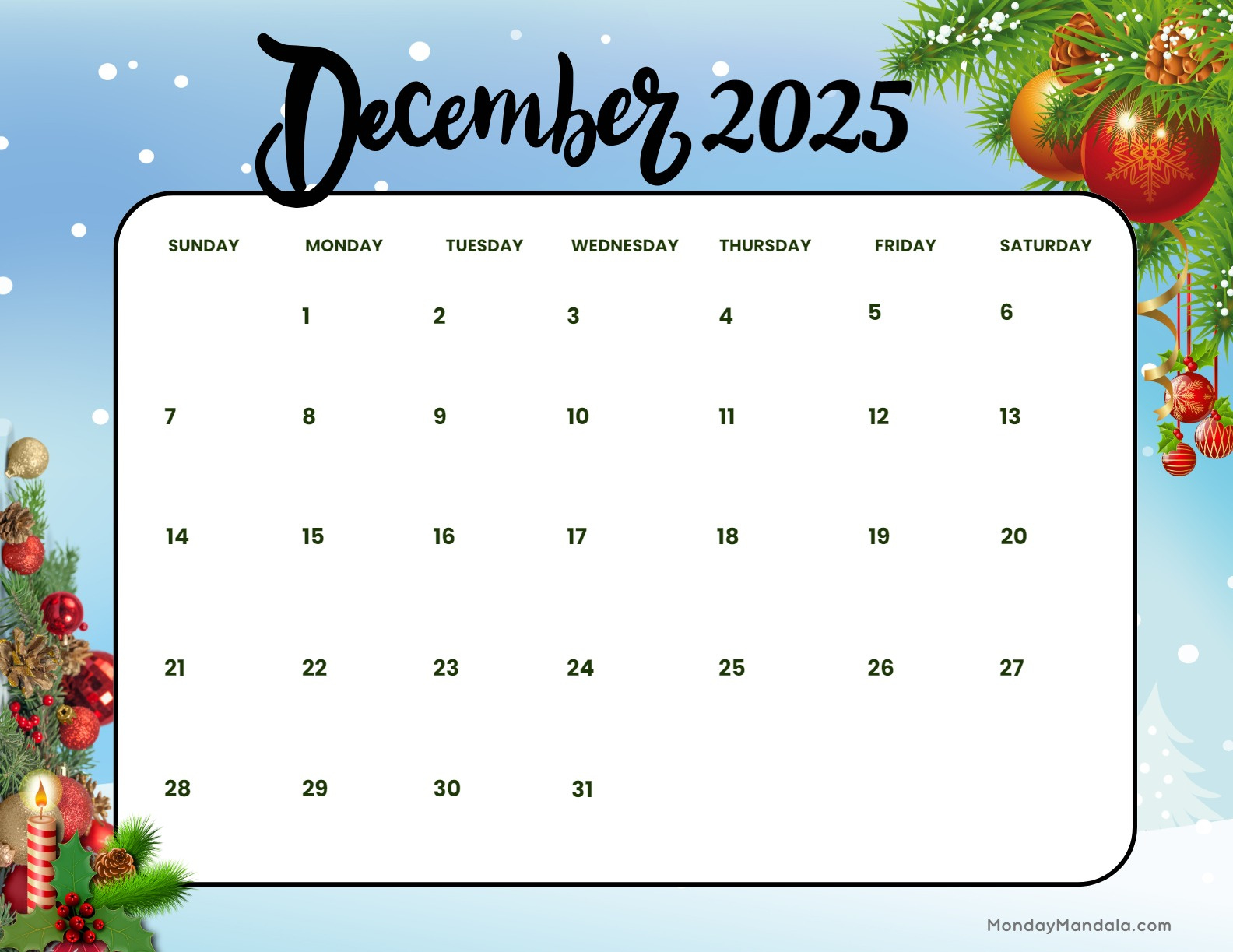 December 2025 Calendar (52 Free Pdf Printables) pertaining to Printable Christmas Calendar 2025