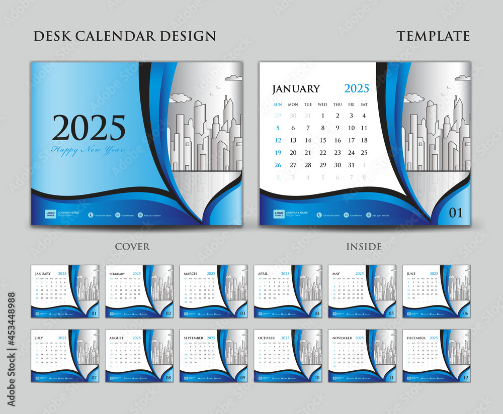 Desk Calendar 2025 Template Set, Cover Design, Blue Background regarding Desk Calendar 2025 Printable