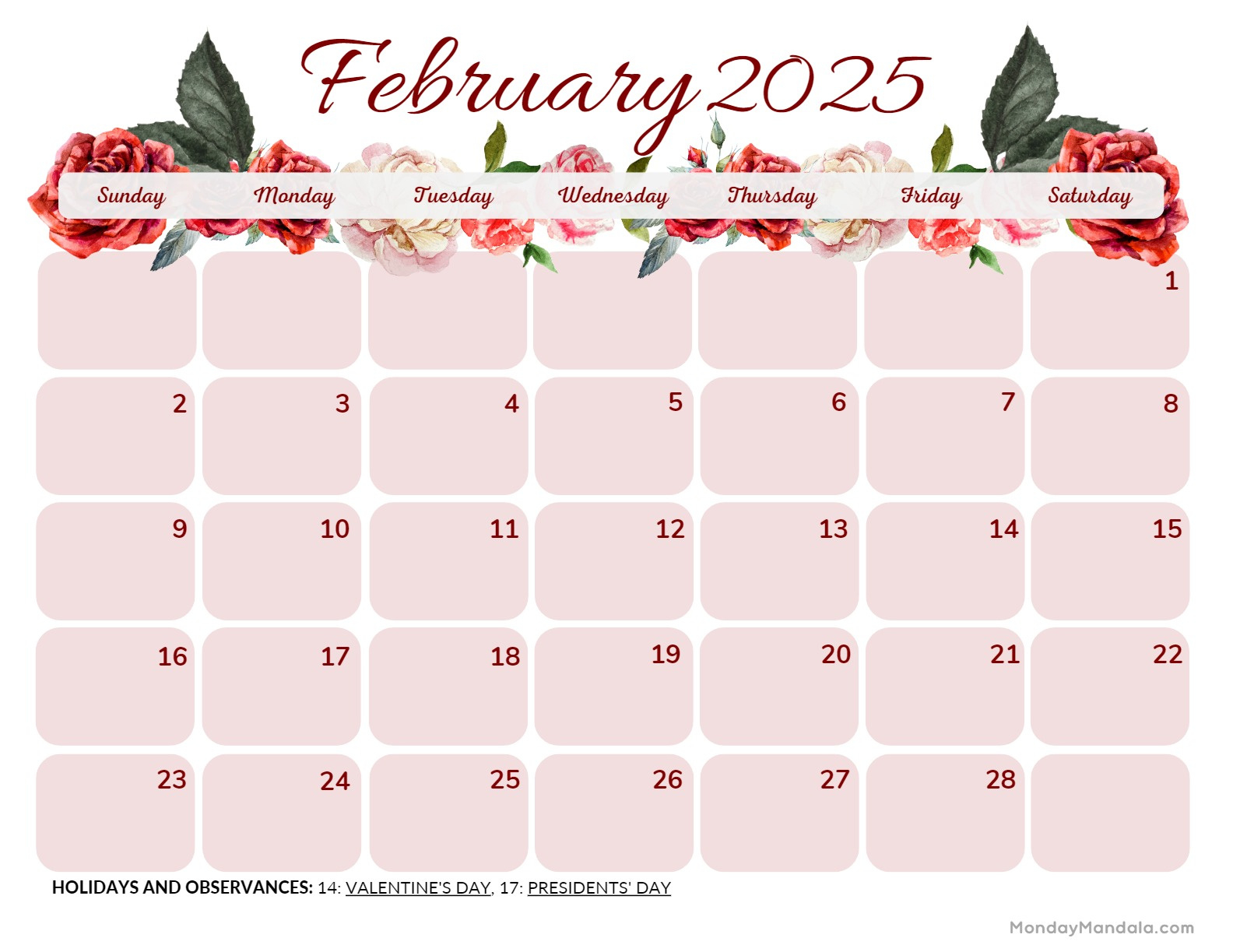 February 2025 Calendar (52 Free Pdf Printables) for February 2025 Calendar With Holidays Printable