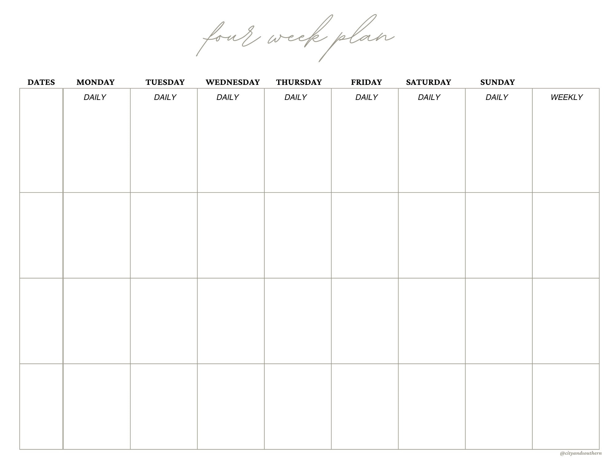 Four Week Plan Template - Etsy pertaining to 4 Week Printable Calendar