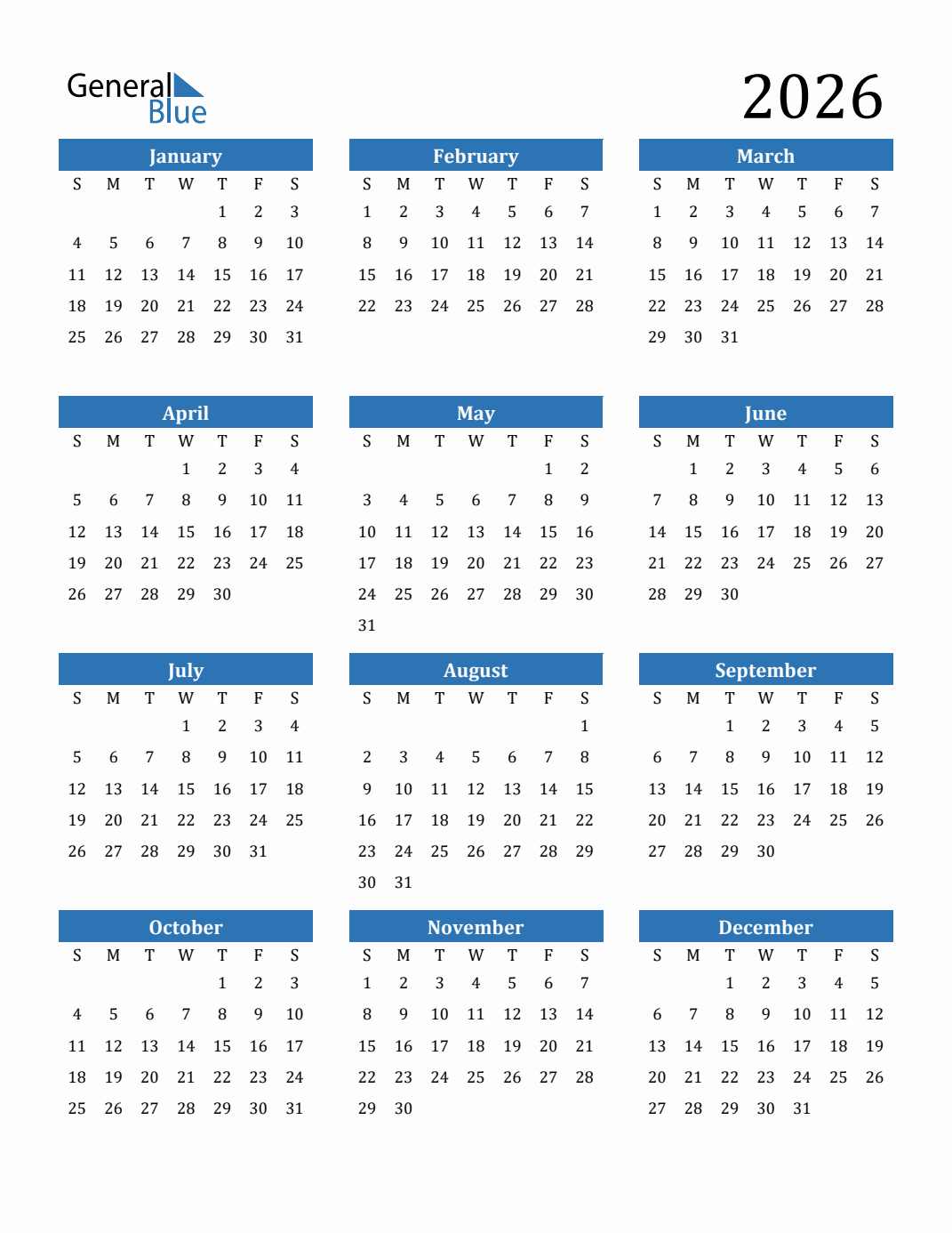 Free 2026 Calendars In Pdf, Word, Excel in 12 Month Calendar 2026 Printable