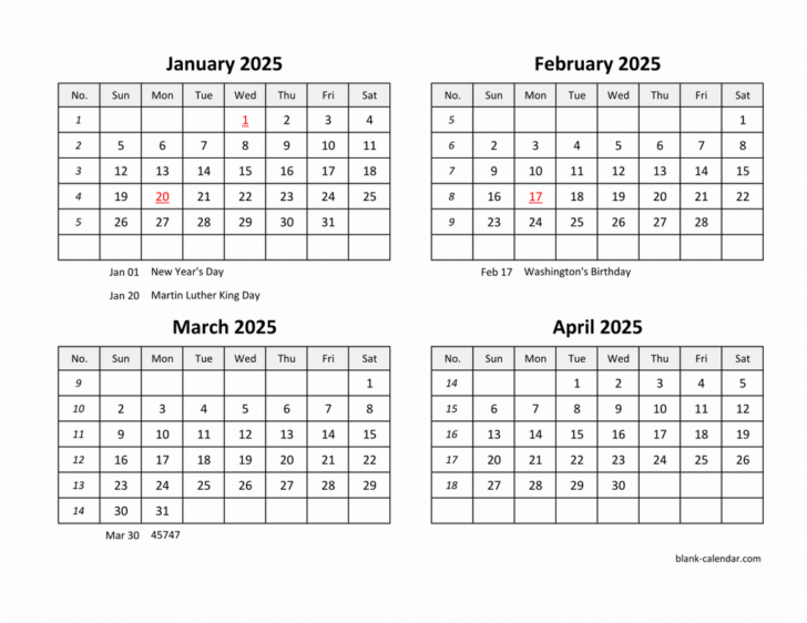 Four Month Printable Calendar 2025