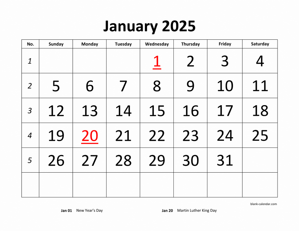 Free Download Printable Calendar 2025, Large Font Design in Free Blank Printable Calendar 2025 Template