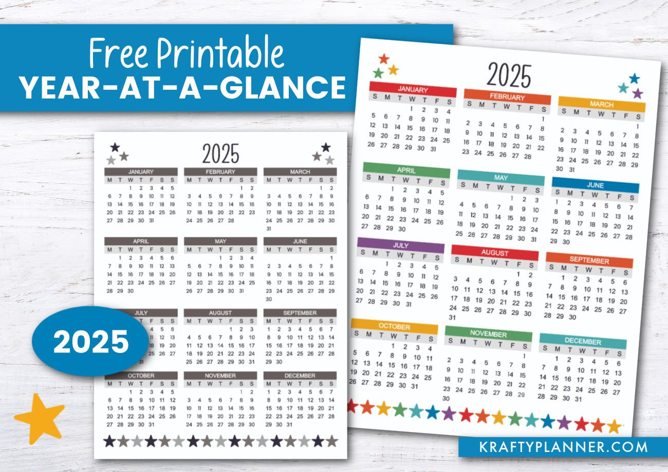 Free Printable 2025 Year-At-A-Glance — Krafty Planner in A5 Size Calendar 2025 Printable