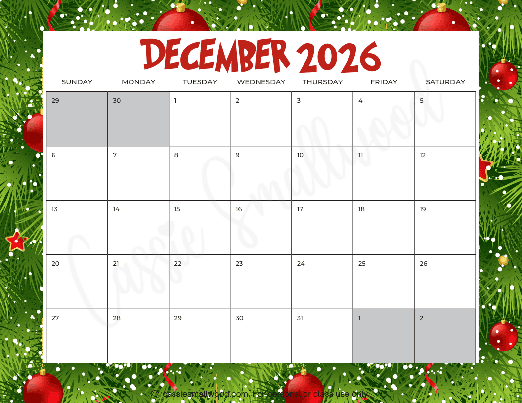 Free Printable 2026 December Calendar - Cassie Smallwood with regard to Free Printable Monthly Calendar 2026