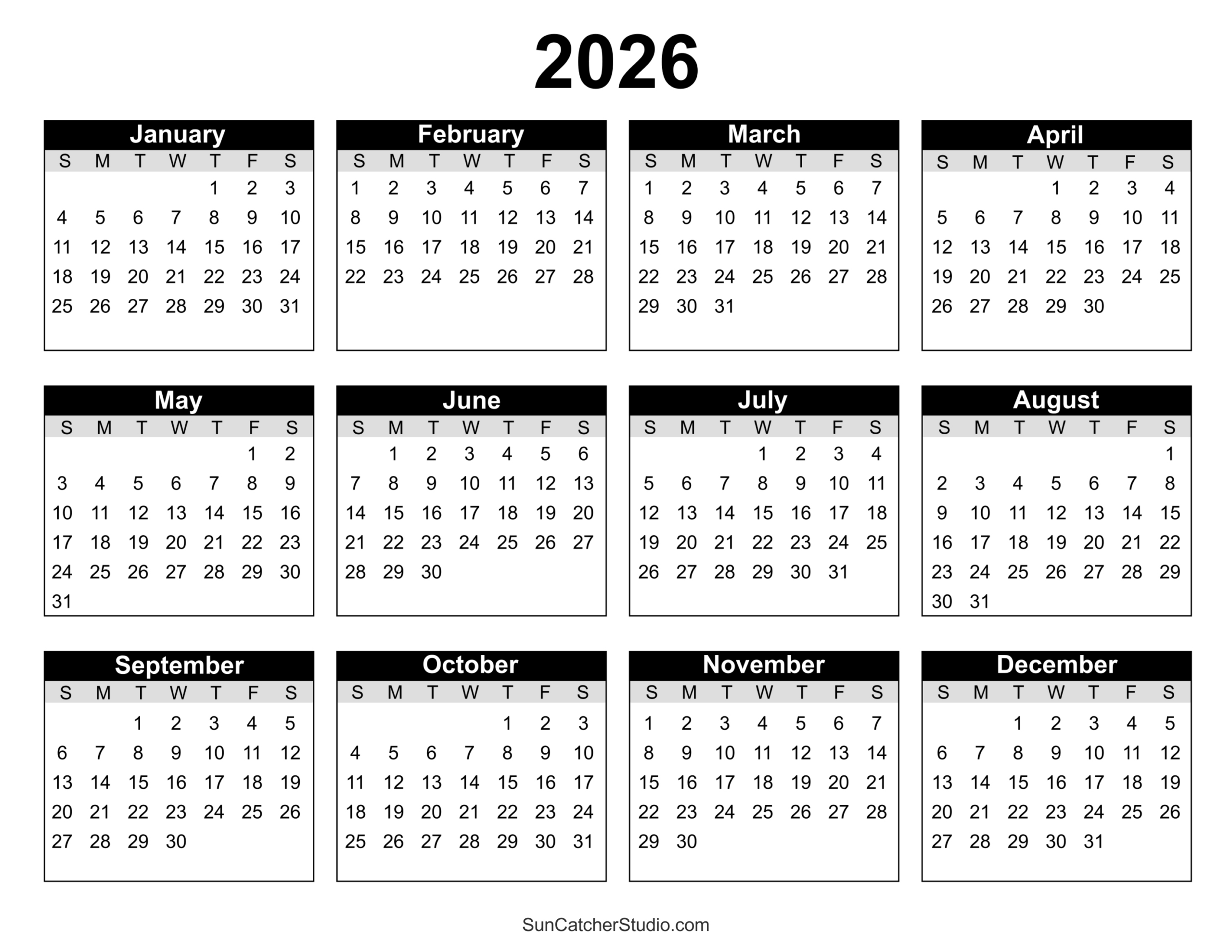 Free Printable 2026 Yearly Calendar – Diy Projects, Patterns in 2026 Calendar Year Printable