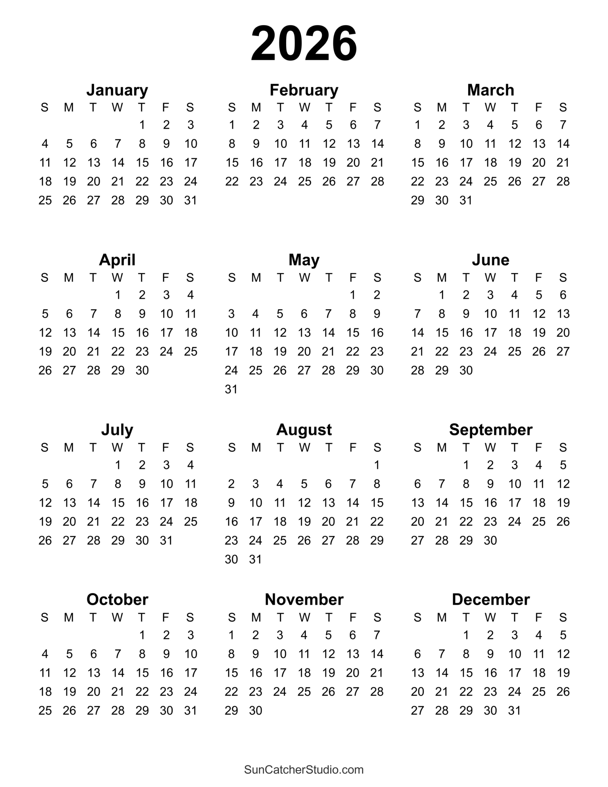 Free Printable 2026 Yearly Calendar – Diy Projects, Patterns regarding Printable Calendar 2026 Free