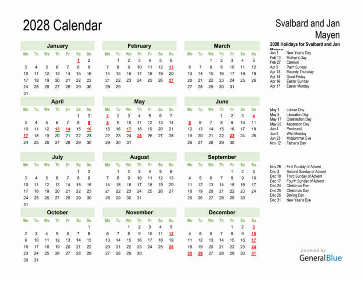 2028 Calendar with Holidays Printable