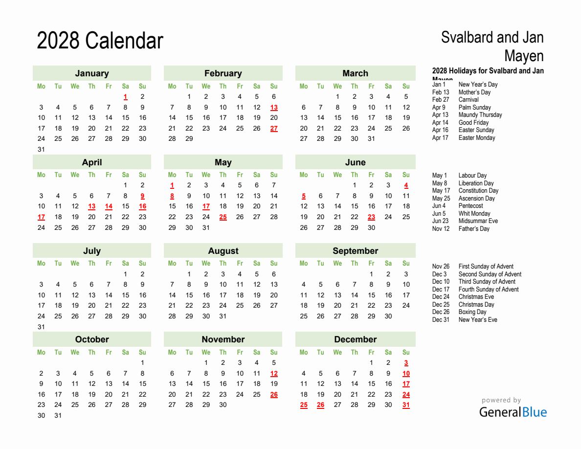 Holiday Calendar 2028 For Svalbard And Jan Mayen (Monday Start) within 2028 Calendar with Holidays Printable