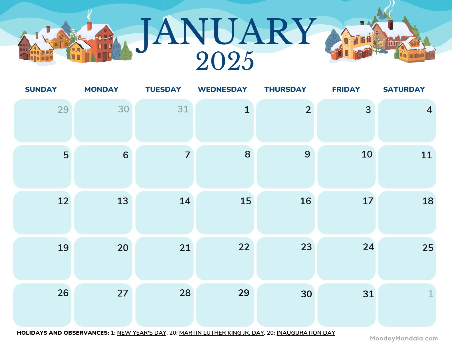 January 2025 Calendar (52 Free Pdf Printables) with regard to Printable January 2025 Calendar with Holidays