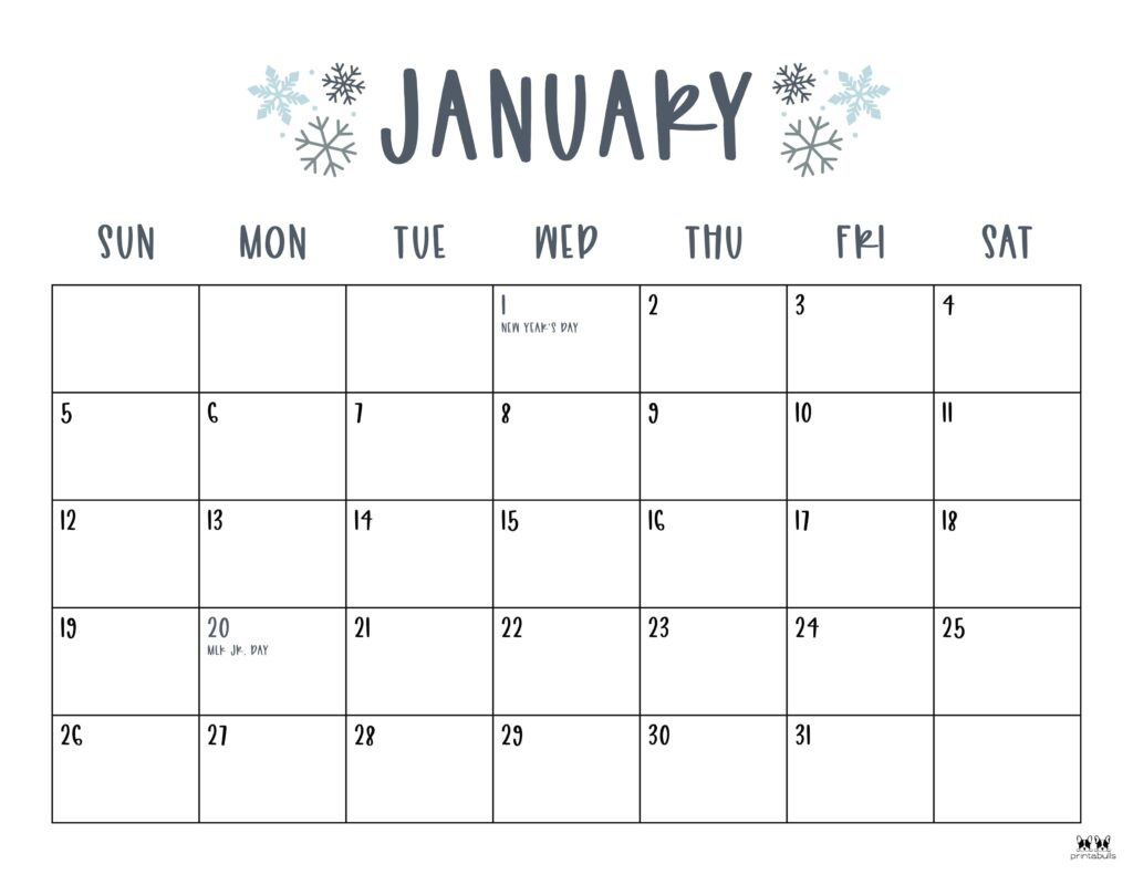 January 2025 Calendars - 107 Free Printables | Printabulls in 2025 Monthly Calendar with Holidays Printable Free