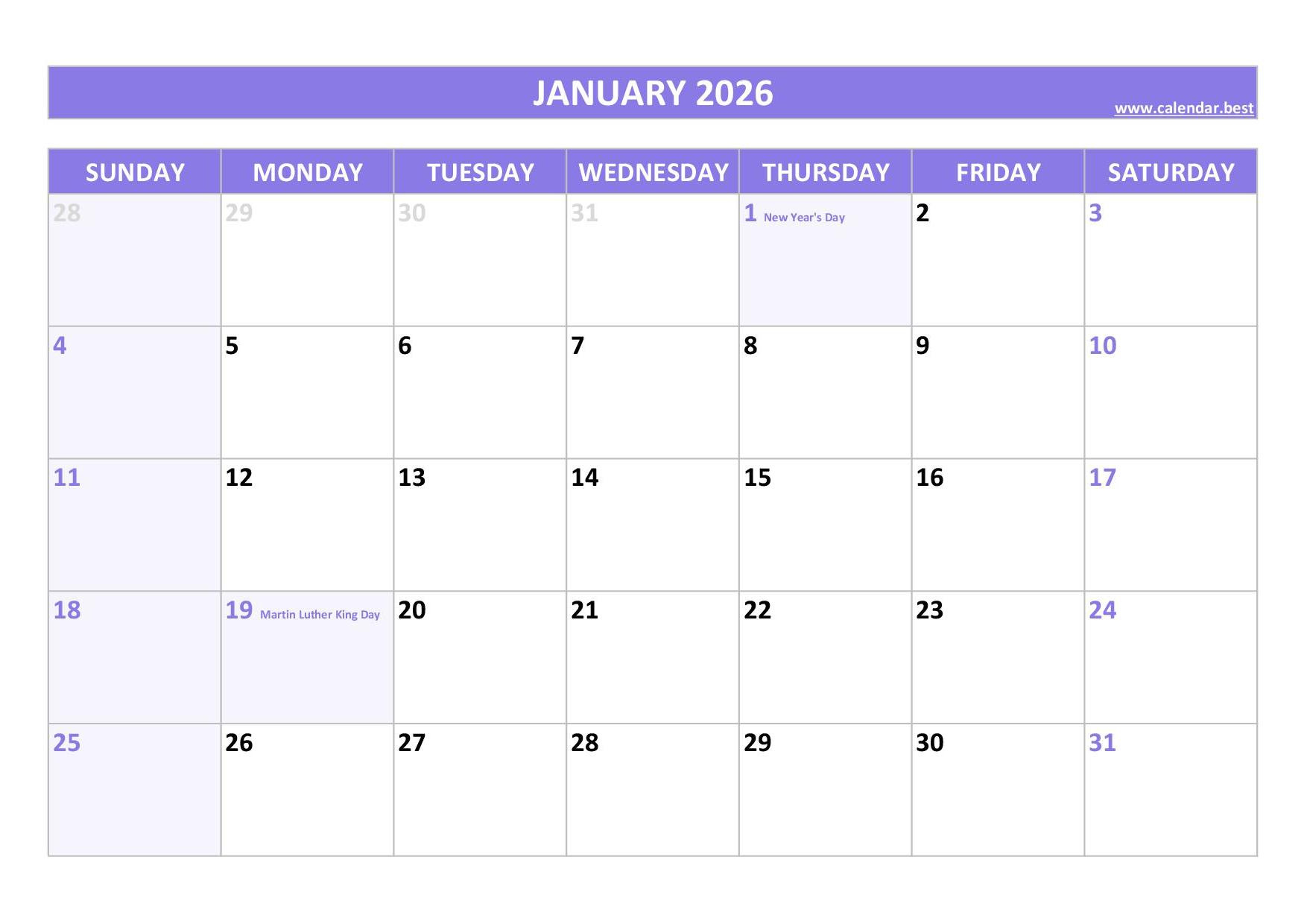 January 2026 Calendar -Calendar.best intended for Free Printable January 2026 Calendar