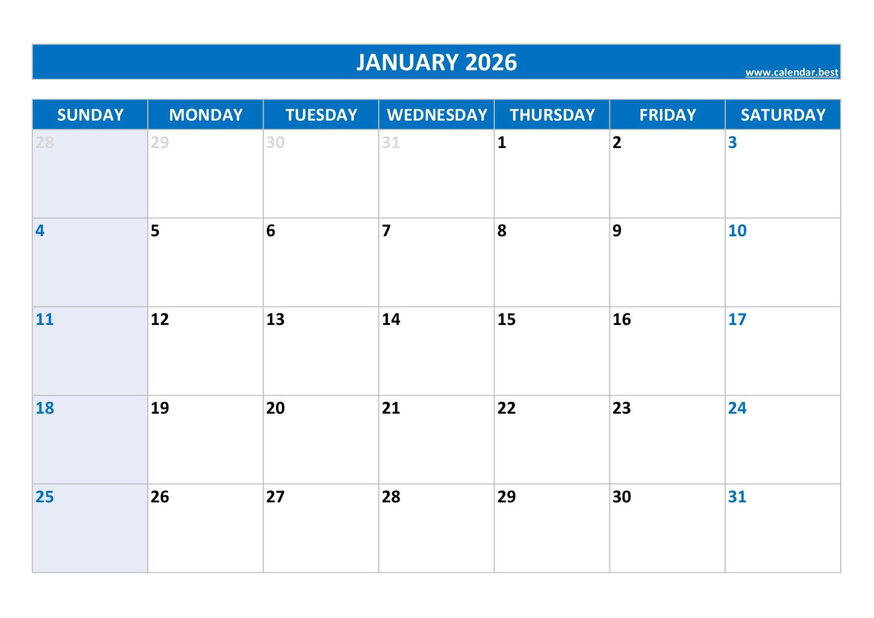 January 2026 Calendar -Calendar.best pertaining to Printable January Calendar 2026