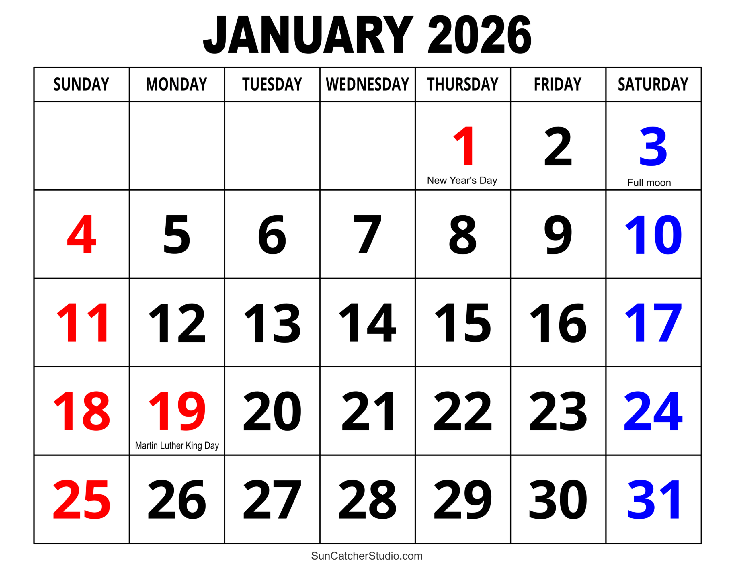 January 2026 Calendar (Free Printable) – Diy Projects, Patterns inside Printable January 2026 Calendar