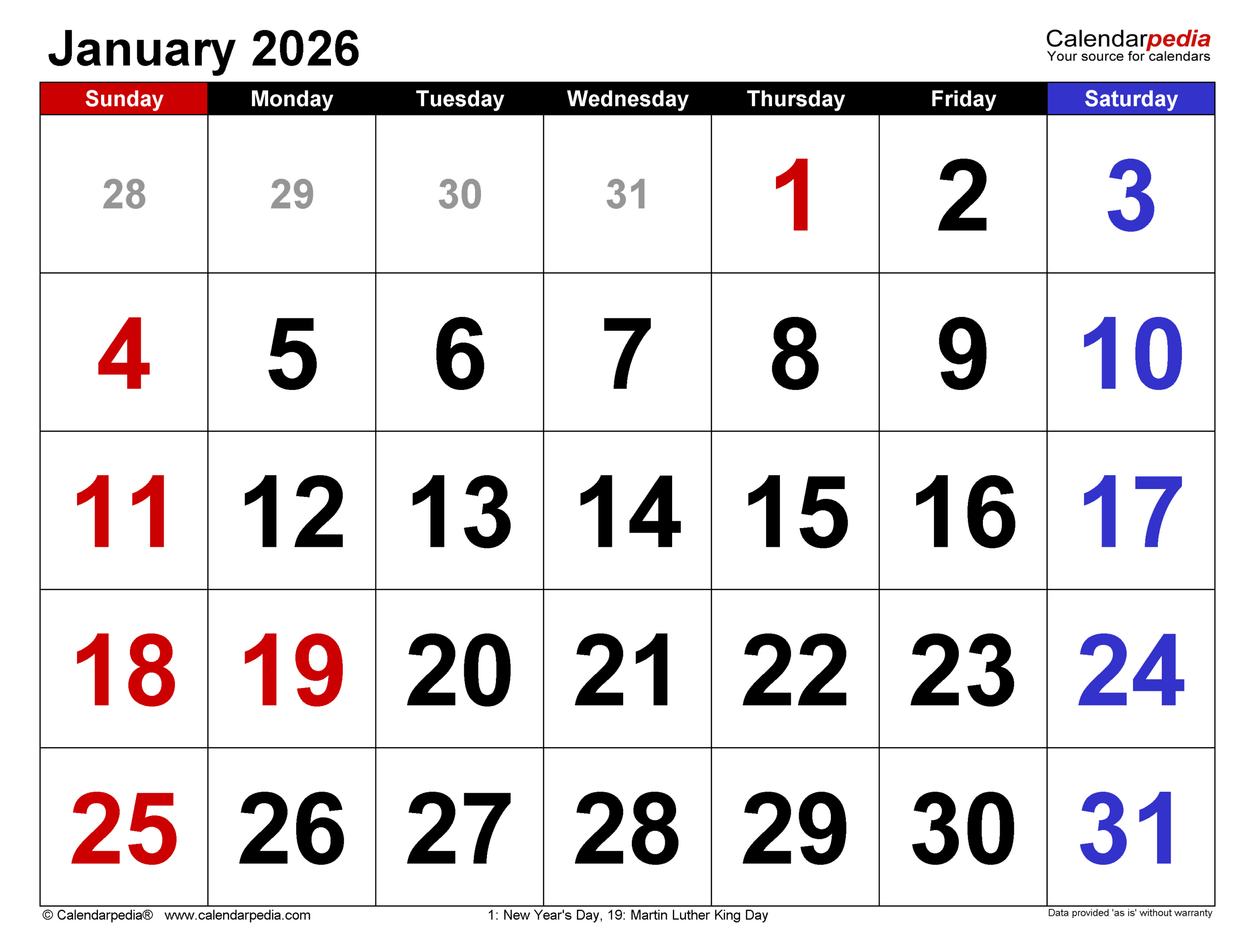 January 2026 Calendar | Templates For Word, Excel And Pdf for 2026 January Calendar Printable