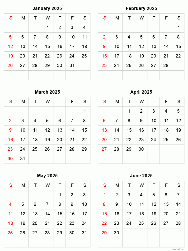 January To June 2025 Printable Calendar | Six Months Per Page pertaining to 6 Month Calendar 2025 Printable Free