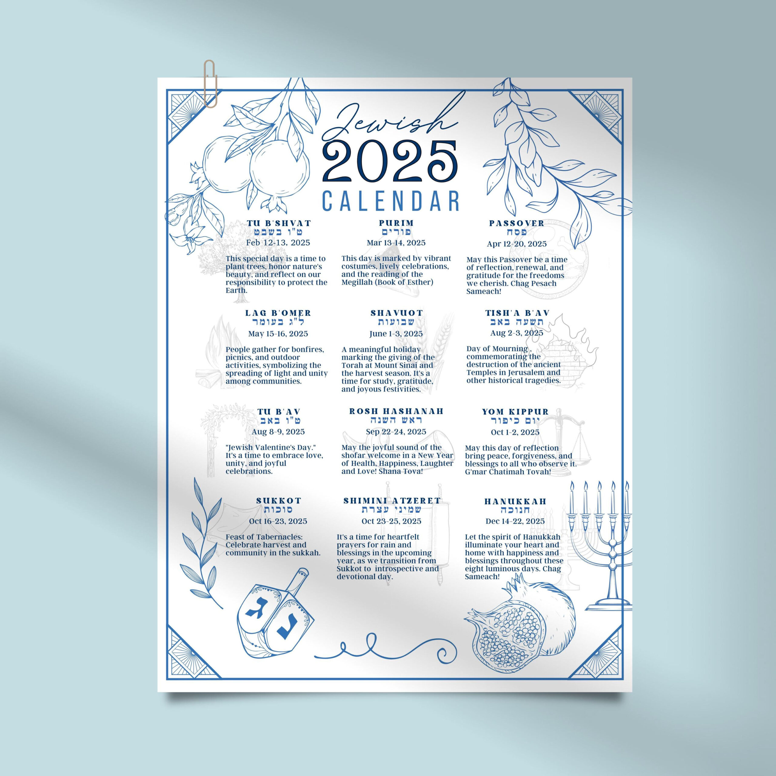 Jewish Calendar 2025 Poster Jewish Gift New Year 5785 Rosh with Jewish Calendar 2025 With Holidays Printable Free