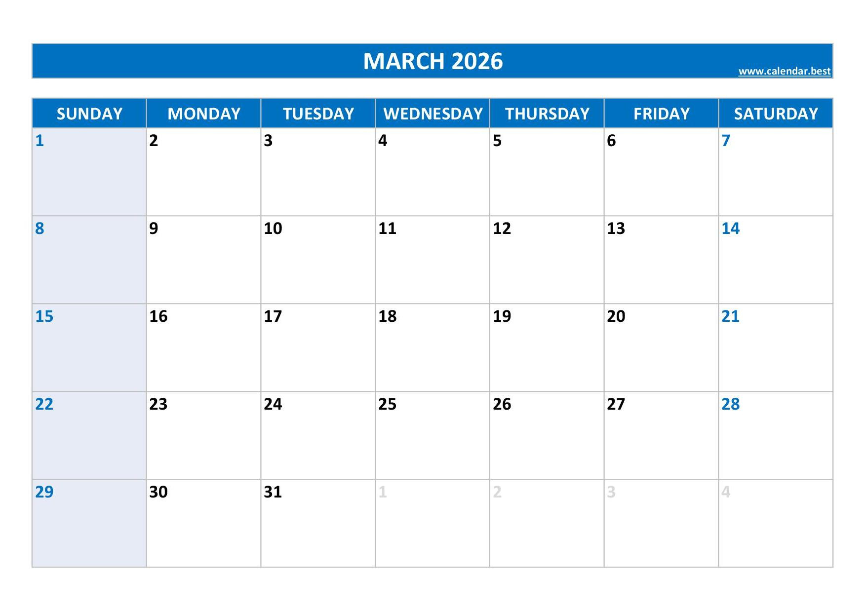 March 2026 Calendar -Calendar.best regarding Printable March 2026 Calendar