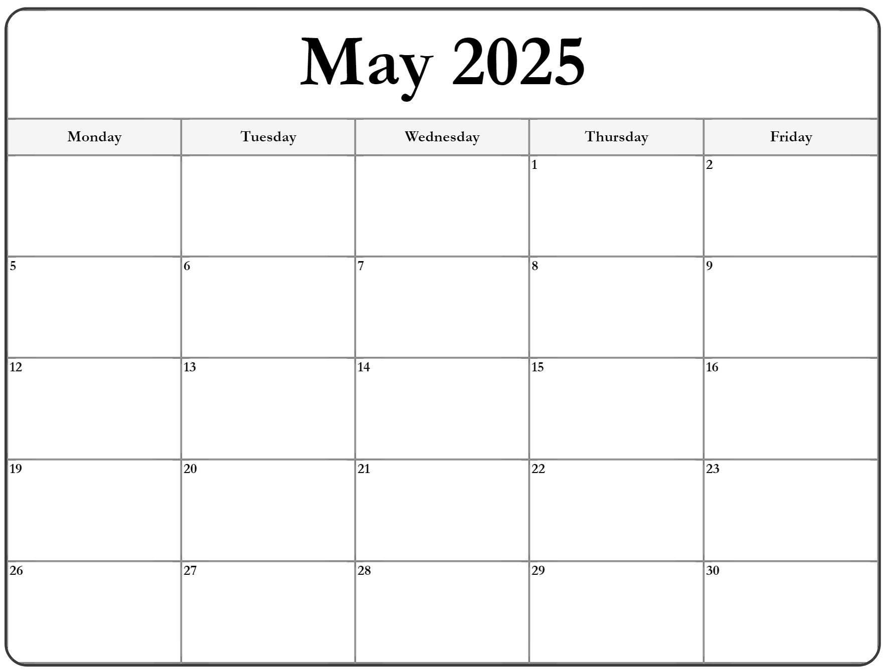 May 2025 Monday Calendar | Monday To Sunday for Monday Through Friday Calendar 2025 Printable