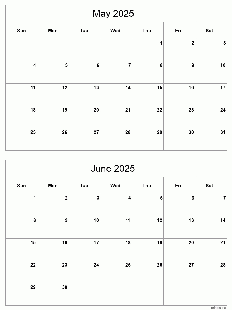 May To June 2025 Printable Calendar | Two Months Per Page intended for Two Month Calendar 2025 Printable