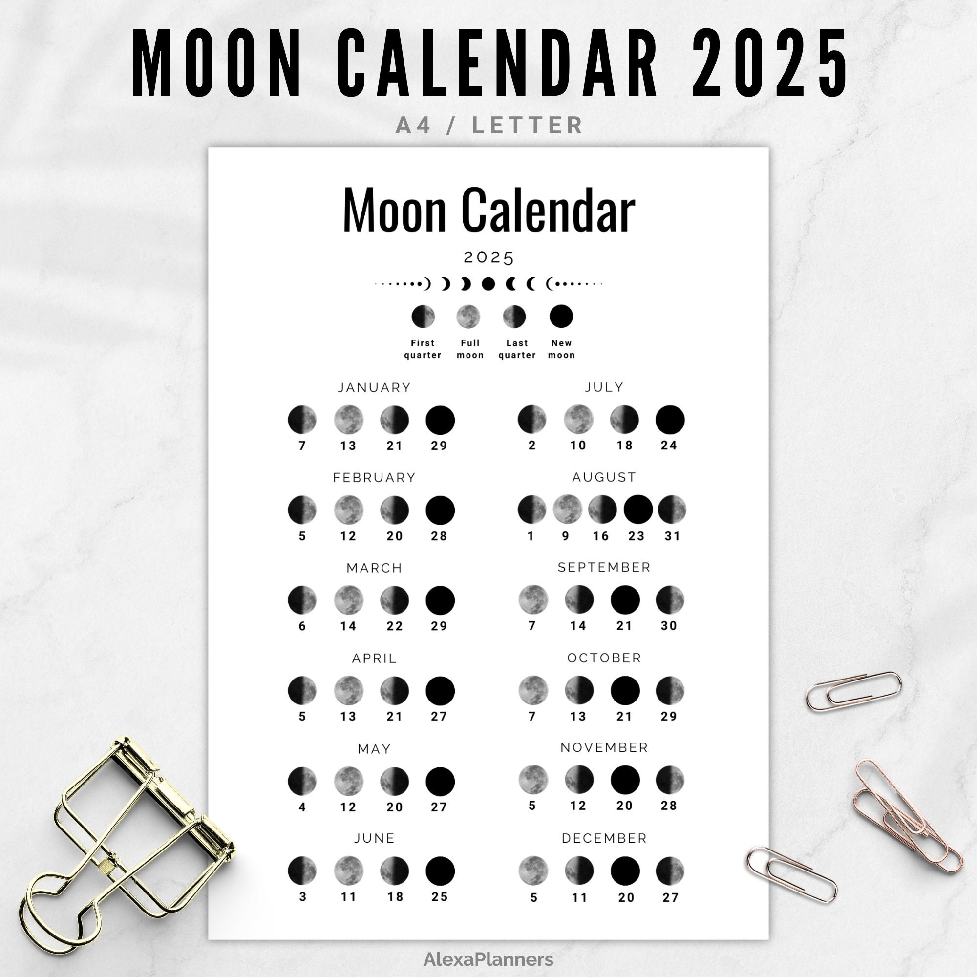 Mondphasenkalender 2025, Mondkalender In A4 / Letter Größe - Etsy.de in Printable Calendar 2025 with Moon Phases