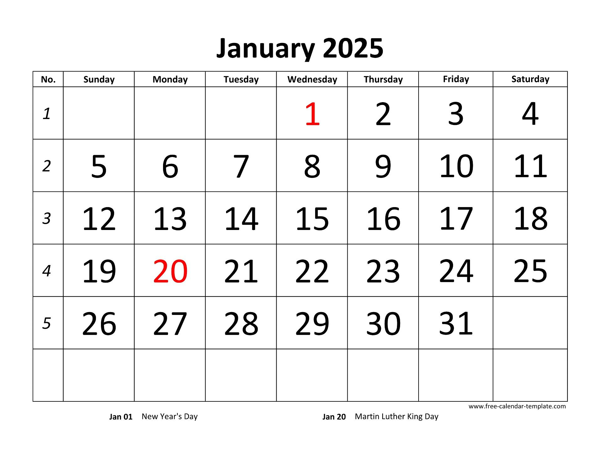 Monthly 2025 Calendar Designed With Large Font (Horizontal) | Free for 2025 Month Calendar Printable