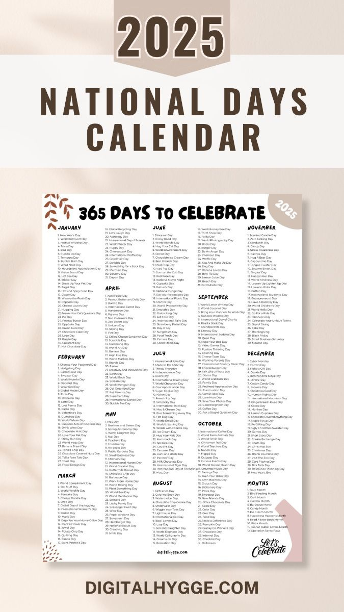 National Days And Holidays 2025 Printable Pdf for National Day Calendar 2025 Printable Free