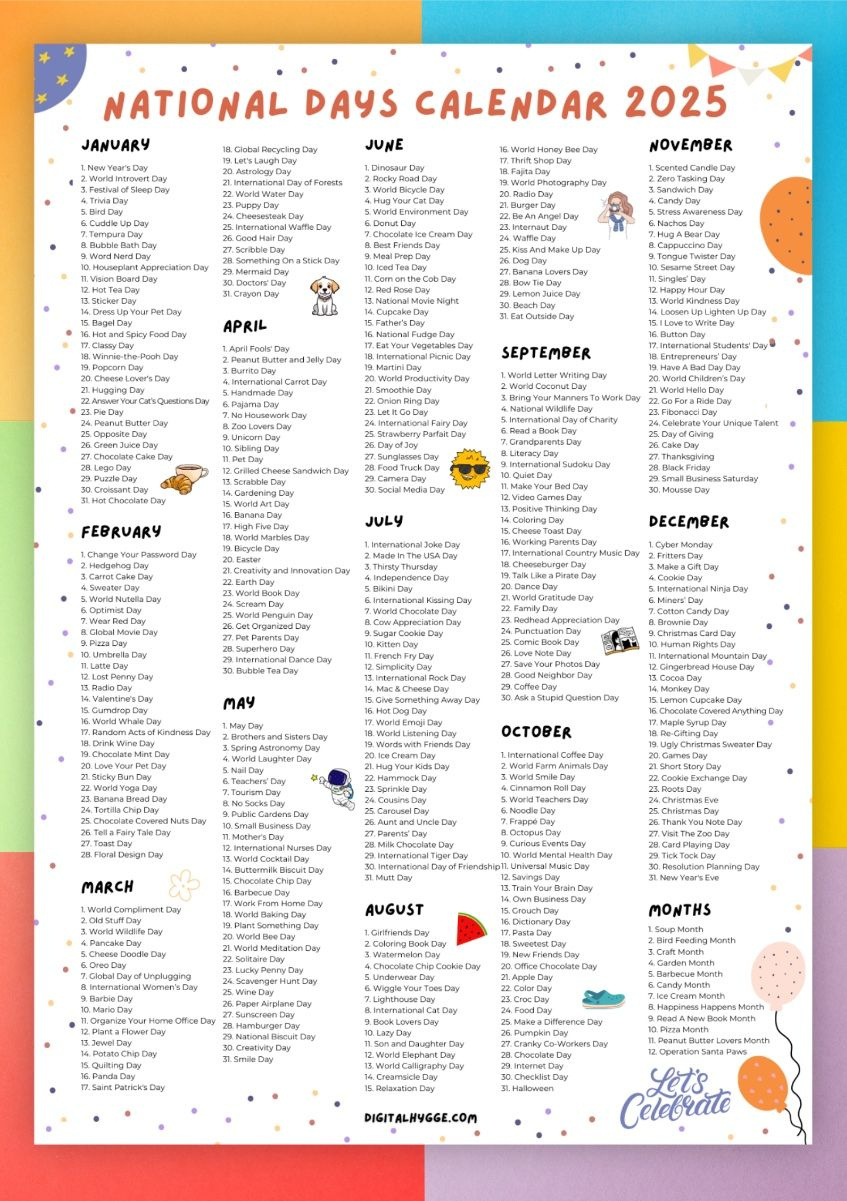 National Days Calendar 2025 Printable Pdf for National Day Calendar 2025 Printable Free