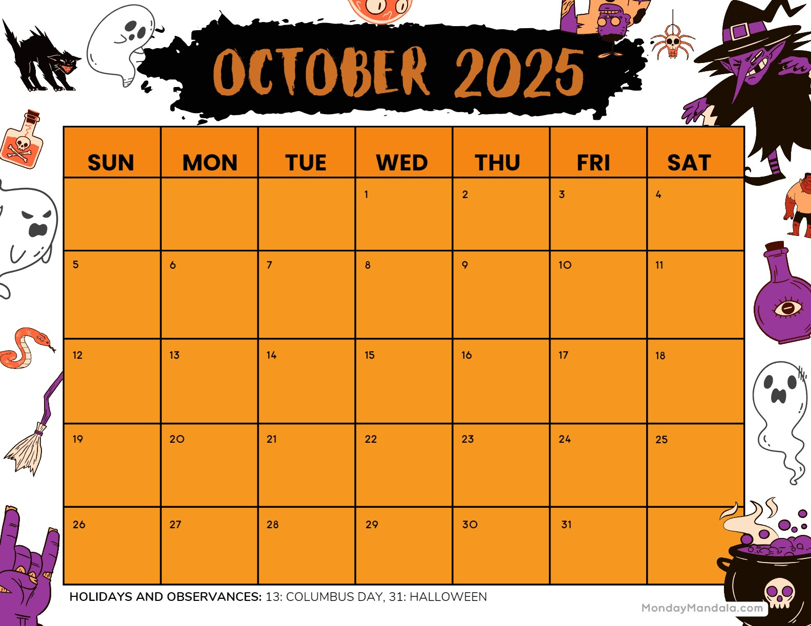 October 2025 Calendar (52 Free Pdf Printables) throughout Halloween Calendar 2025 Printable