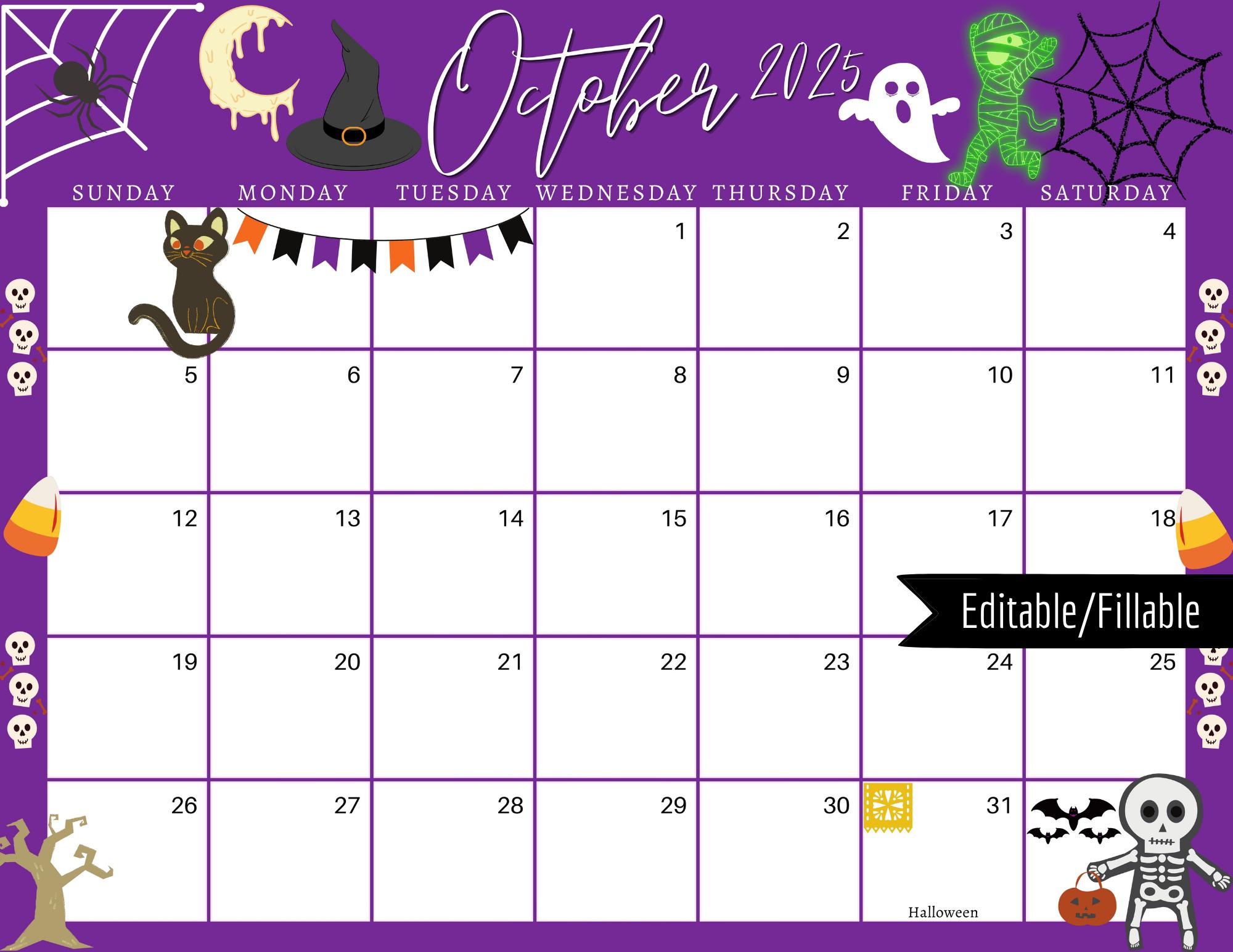 October 2025 Digital Calendar Purple Halloween Planner Editable in Halloween Countdown Calendar 2025 Printable