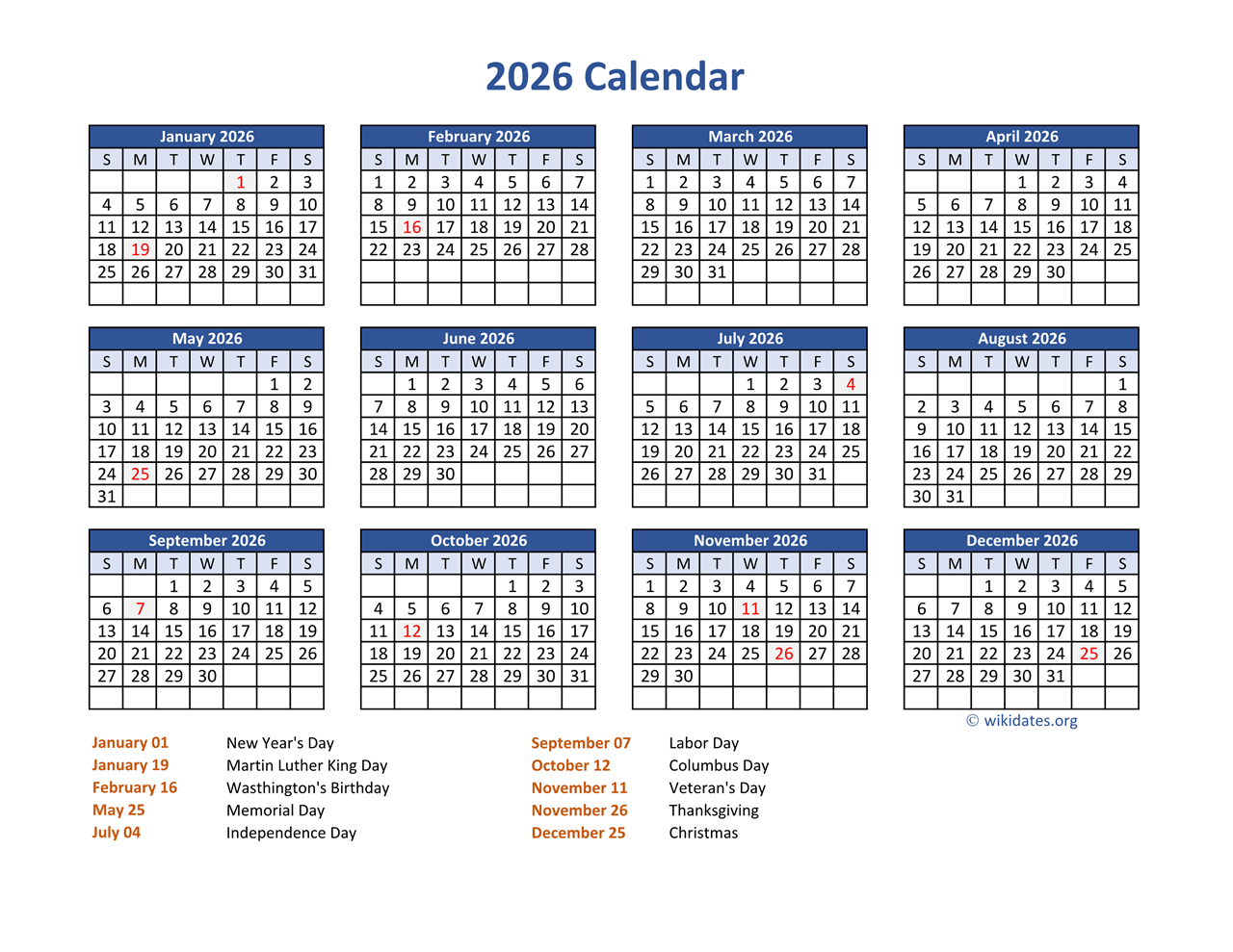 Pdf Calendar 2026 With Federal Holidays | Wikidates with regard to Free Printable Calendar 2026 With Holidays