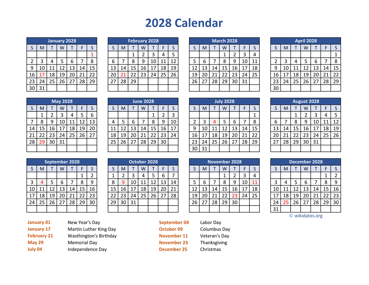 Pdf Calendar 2028 With Federal Holidays | Wikidates with 2028 Calendar with Holidays Printable