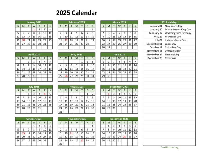 2025 Calendar with Federal Holidays Printable