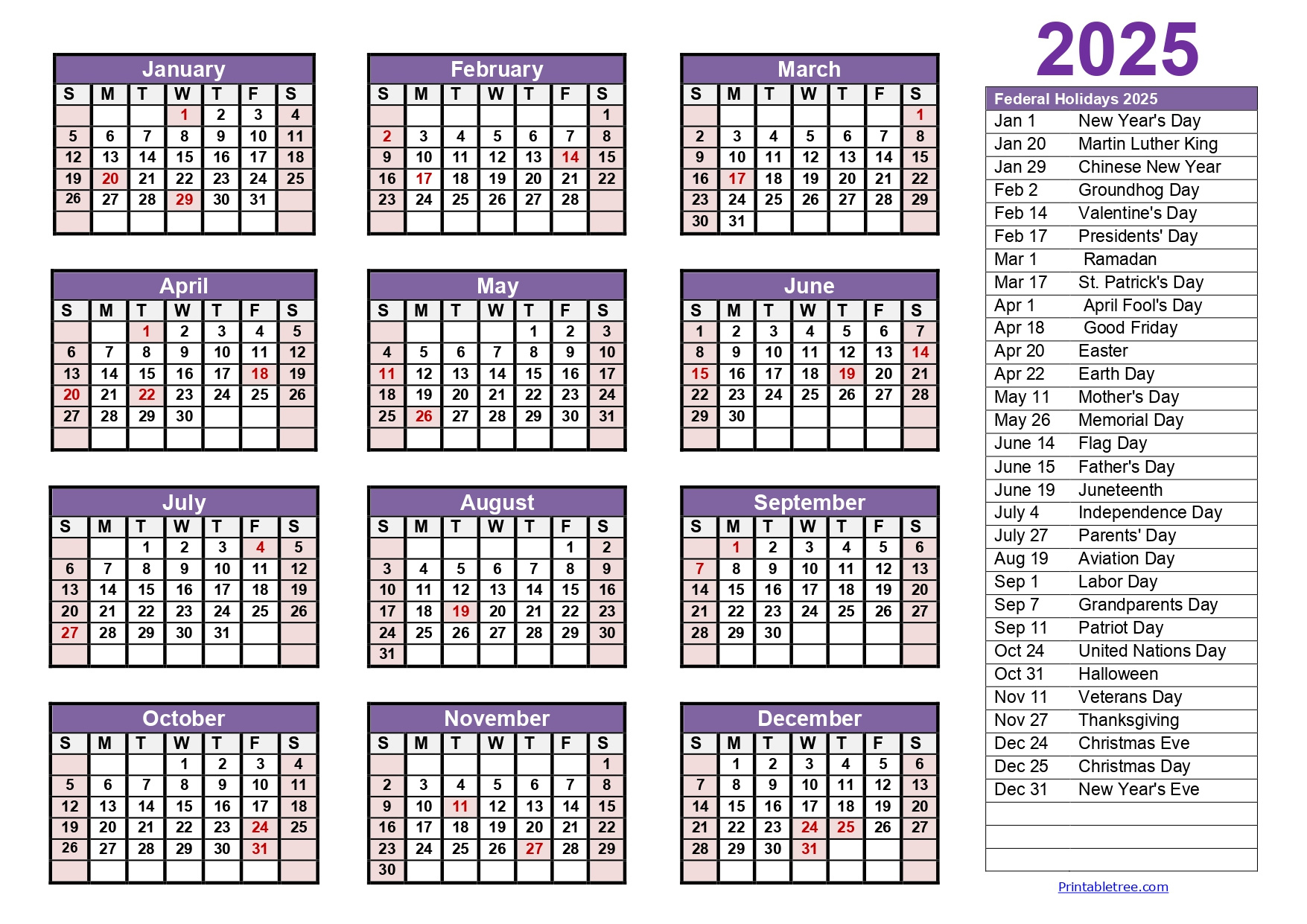 Printable Calendar 2025 One Page With Holidays (Single Page) 2025 in One Page 2025 Calendar Printable Free